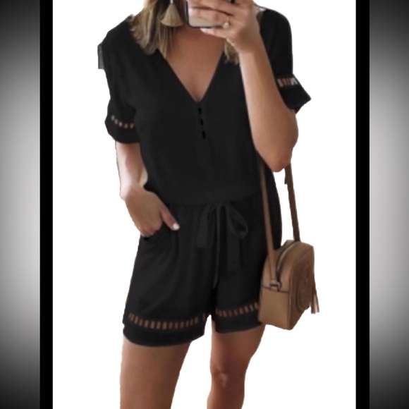 Formal Deep V Neck W/Button Hollowed Designs Elastic Waist Belt W/Pockets Romper - Picture 9 of 12